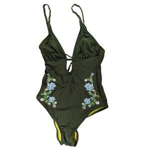 Adore Me One Piece Swimsuit Women XS Olive Green Floral Embroidered
